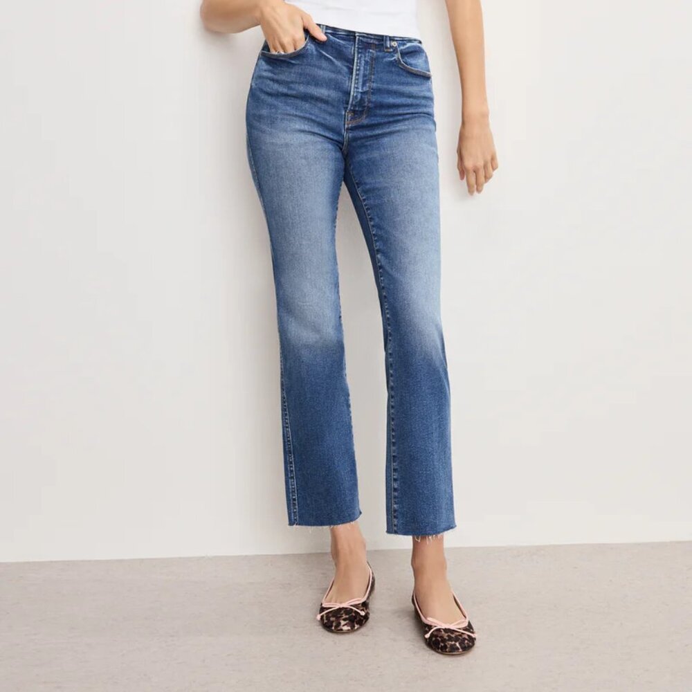 GOOD AMERICAN GOOD CURVE STRAIGHT JEANS CROPPED RAW HEM HIGH RISE STRETCH sz 16
